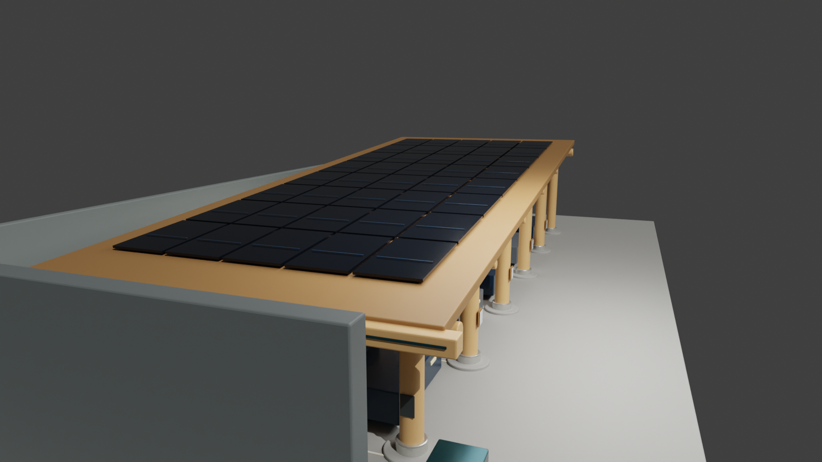Render 3D wiaty PV Corling — spadek 8 procent na lewy krótki bok, rynna po lewej niskiej stronie, 40 paneli PV